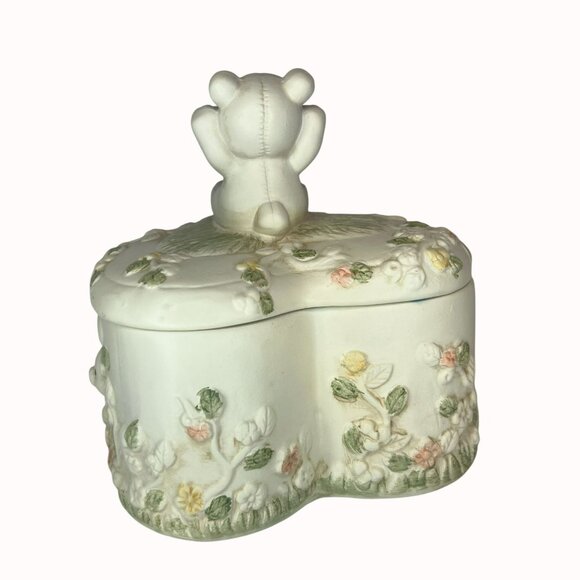 Vintage Porcelain Teddy Bear Heart-Shaped Trinket Box Pale Green Floral Details - Picture 3 of 5